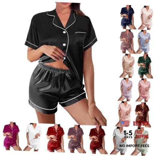 Womens Silk Satin Pajamas Loungewear Two-Piece Sleepwear Button Large Black-w