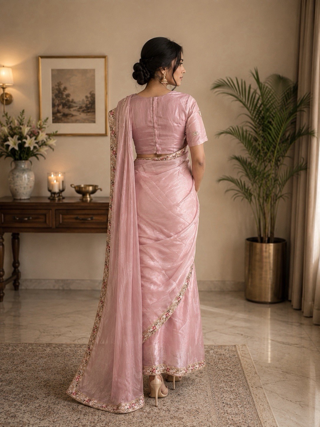 Embroidered Saree Set Indian Partywear Elegant Beeds blouse Size-36”& Petticoat.