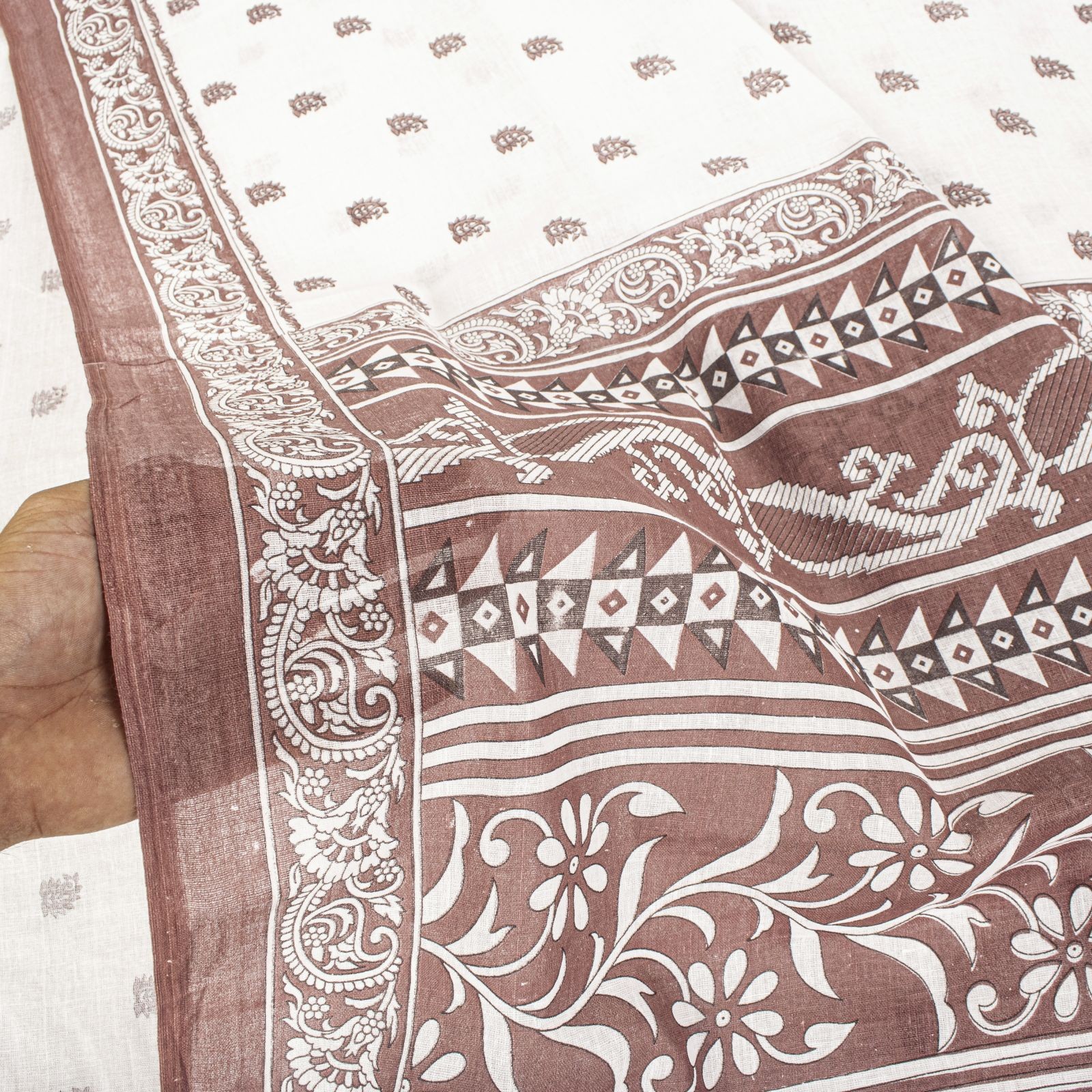Sanskriti Vintage Saree White Pure Cotton Sanganeri Block Print Sari 5+Yd Fabric