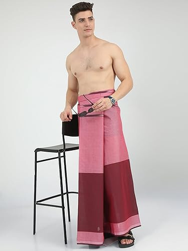 Pure Cotton Bordered Maroon Pink Unstiched Lungi, 2.10 meters