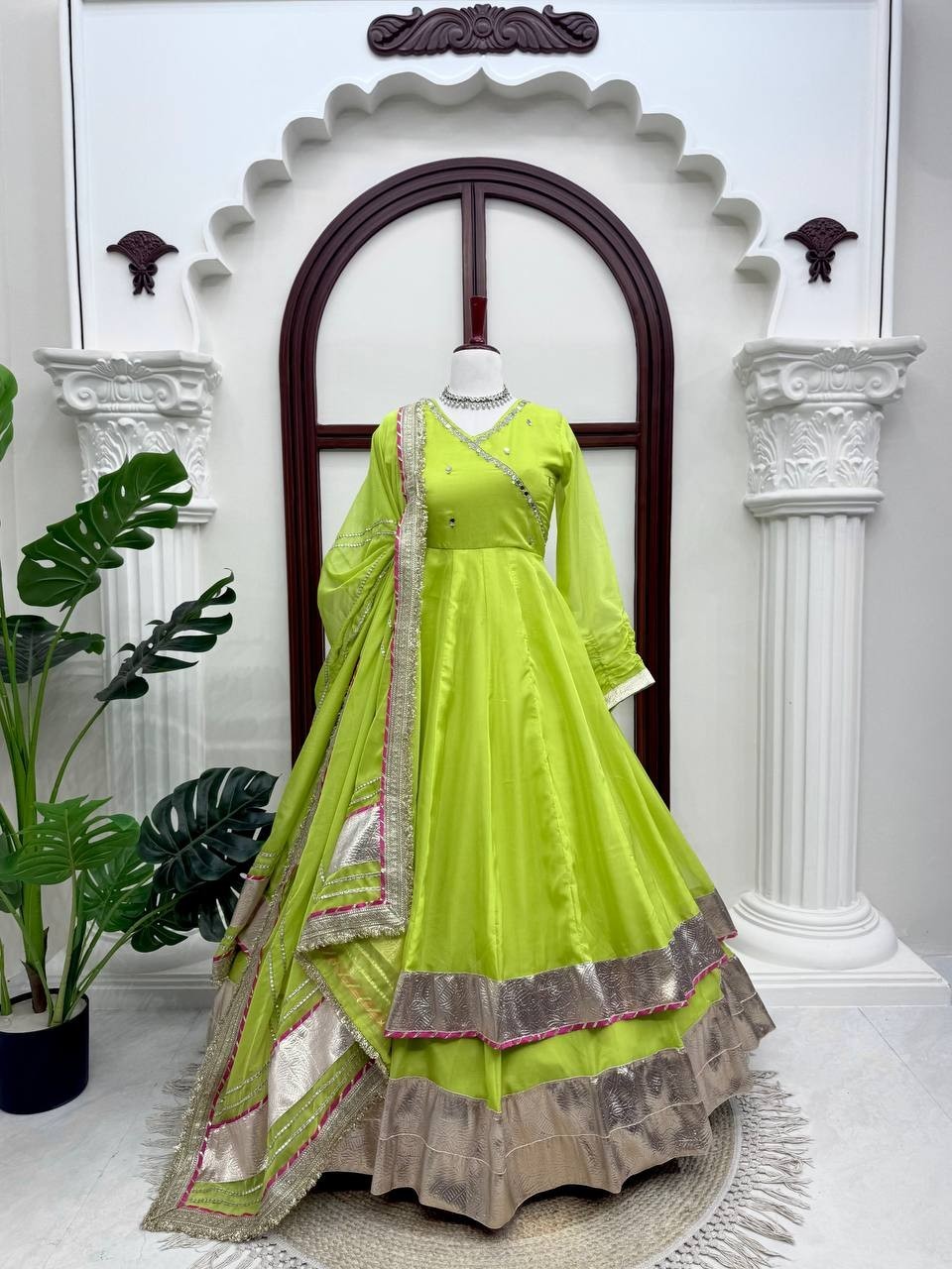 New Tabby Organza Silk Parrot Green Top Lehenga With Dupatta For Ethnic Wear