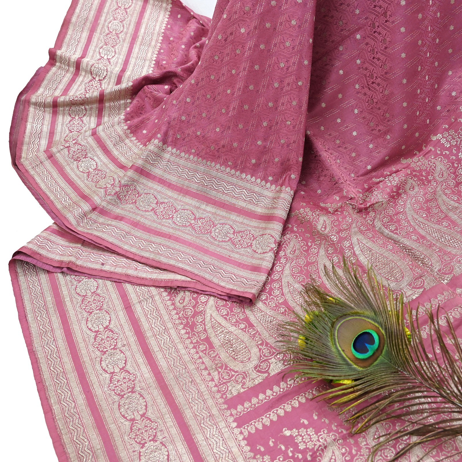 Indian Vintage Sari Heavy Pink Pure Satin Silk Woven Brocade Banarasi Sari 5yd