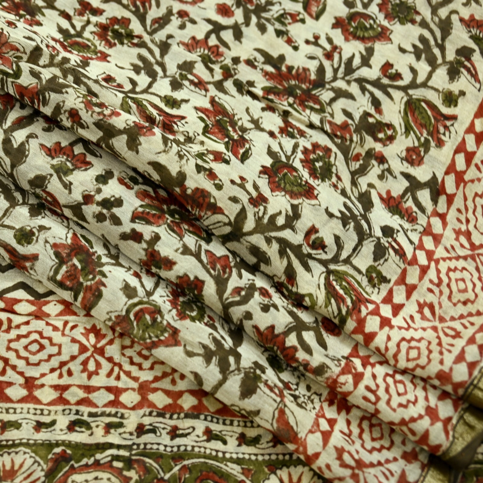 Vintage Sari Beige Block Printed Chanderi Cotton Craft Fabric 5Yd Sewing Zari