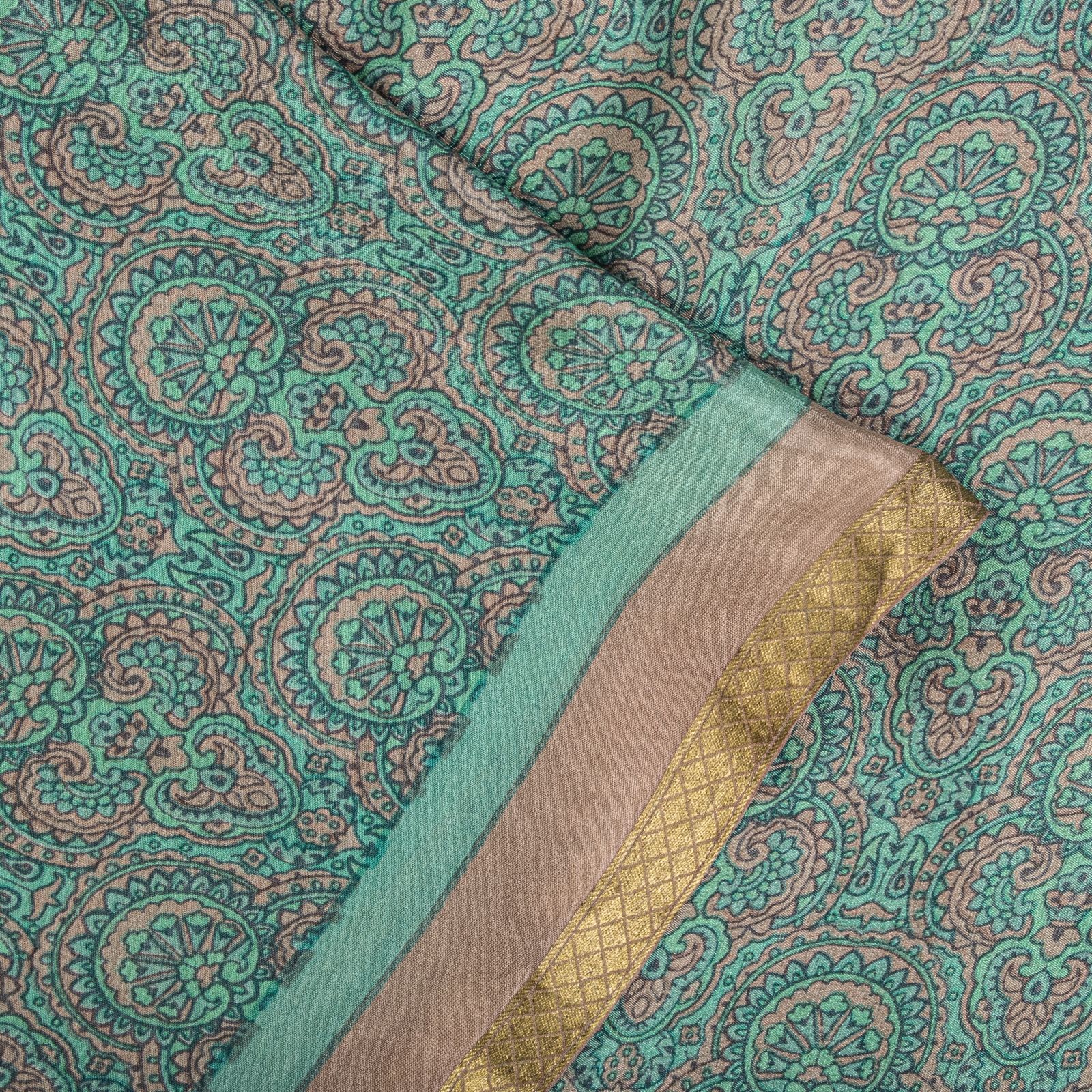 Sanskriti Vintage Saree Green Soft Pure Silk Floral Printed Sari 5.5+Yd Fabric