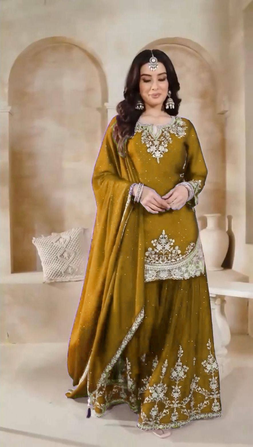 New Reception Wear Yellow Chinon Silk Kurta Palazzo With Dupatta For Women
