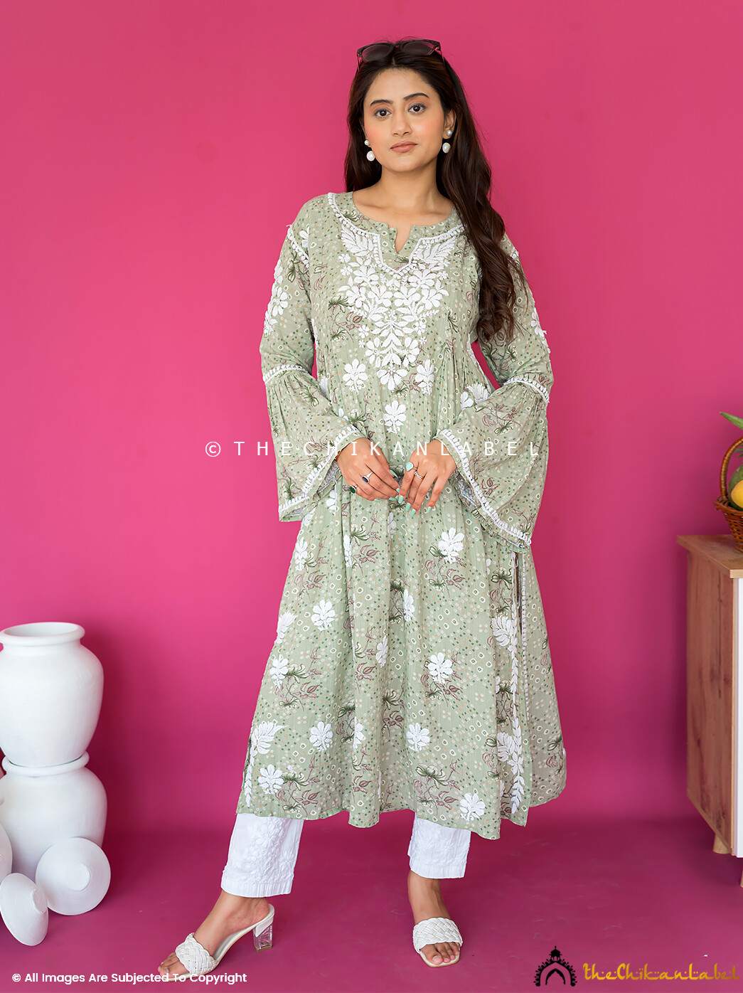Green Mulmul Cotton Chikankari A-Line Kurti Lucknow Chikankari Handmade Kurti