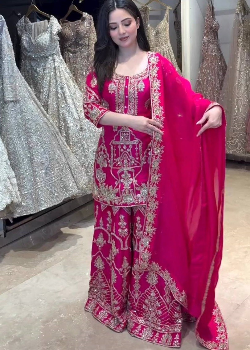 New Stylish Heavy Vichitra Silk Pink Top Palazzo With Dupatta For Festival Wear