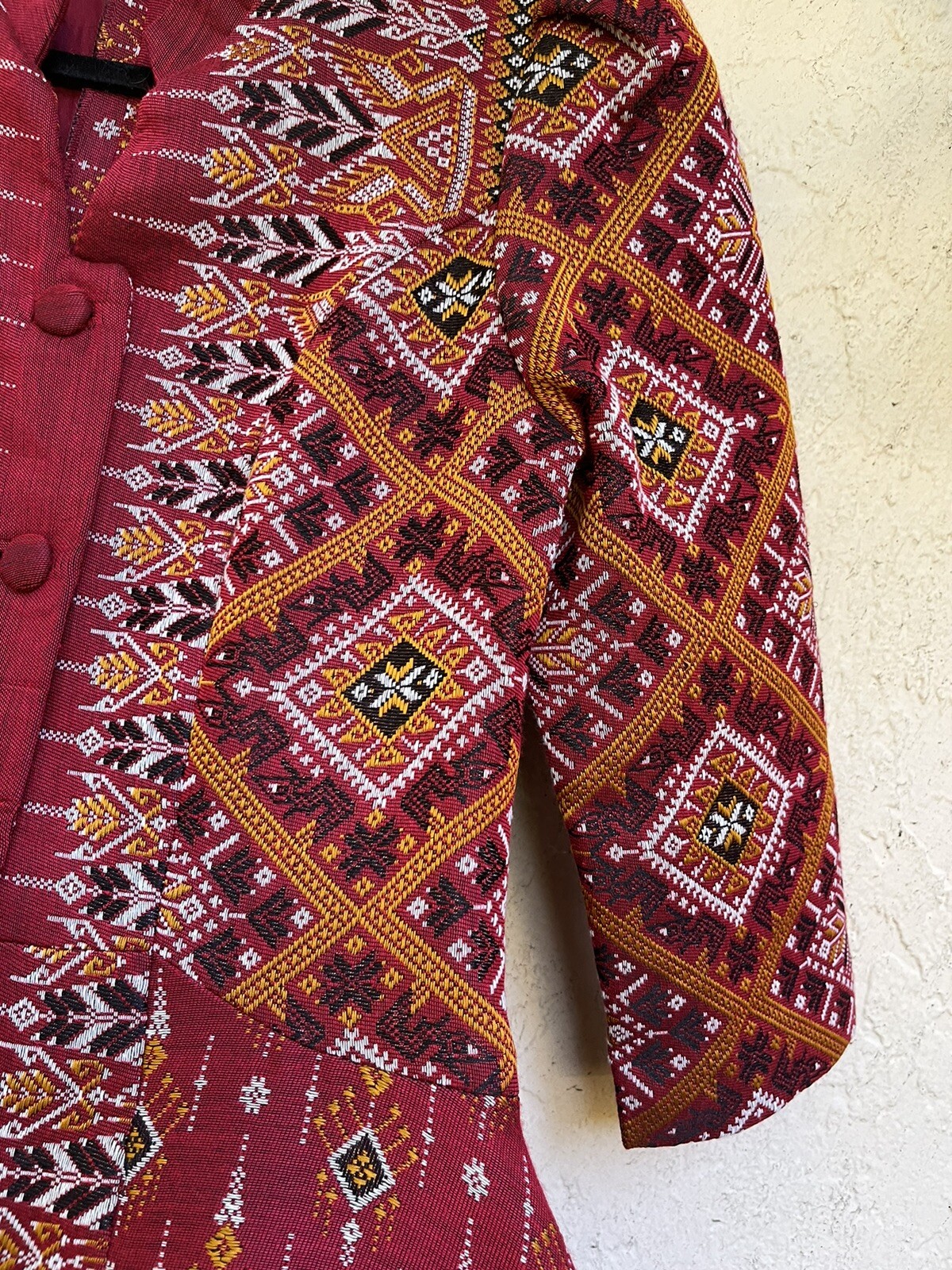 Bohemian VTG Red Handwoven Dress Praewa Silk Fabric Button-Front Maxi Thailand S