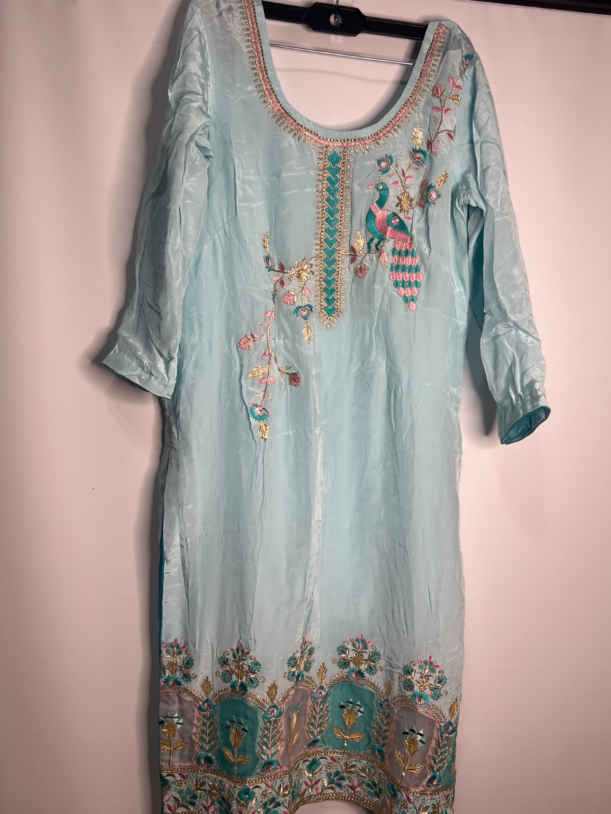 Light Blue Peacock Embroidered Kurta Set Women 2 Piece Indian Outfit Pants