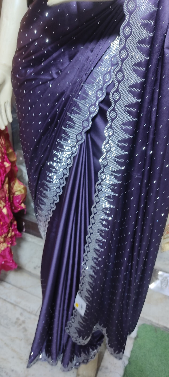 Dark purple satin saree designer saree with all-over crystal stone work,crystal