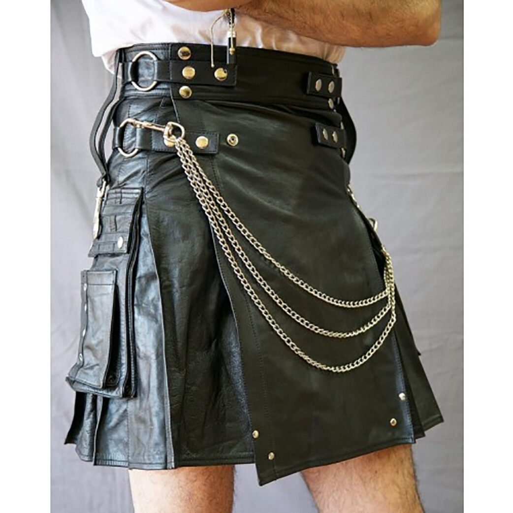 Men’s Real Leather Cargo Pocket & Detachable Chain Kilt Utility Clubwear Kilt