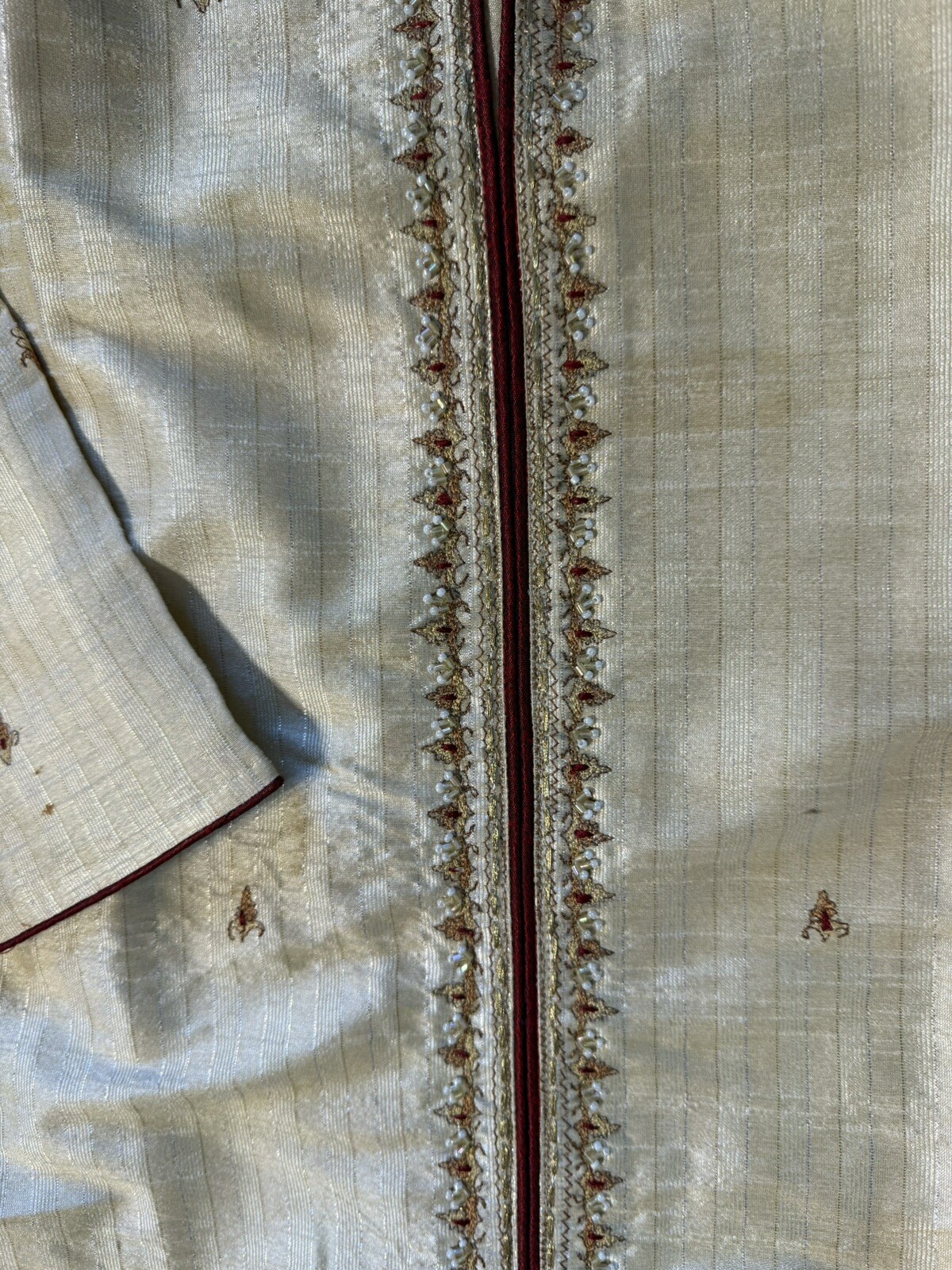 Woman’s Sherwani Beige Gold Maroon Threaded Beaded 10 Pants & Scarf