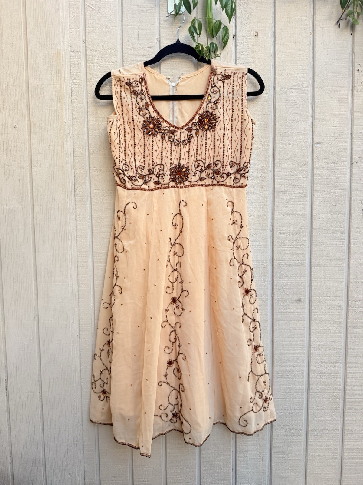 Vintage Handmade Indian Beige Dress with Beads Sequins Embellishments, Size M