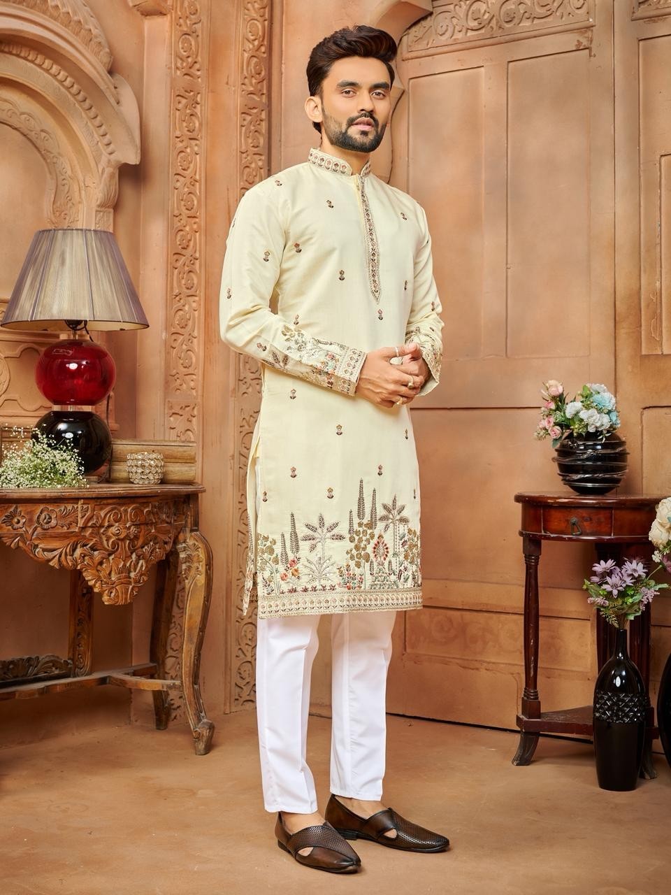 Designer Roman Shimmer Mens Kurta Pajama Luxury Silk Like Shine Ethnic Dress Set