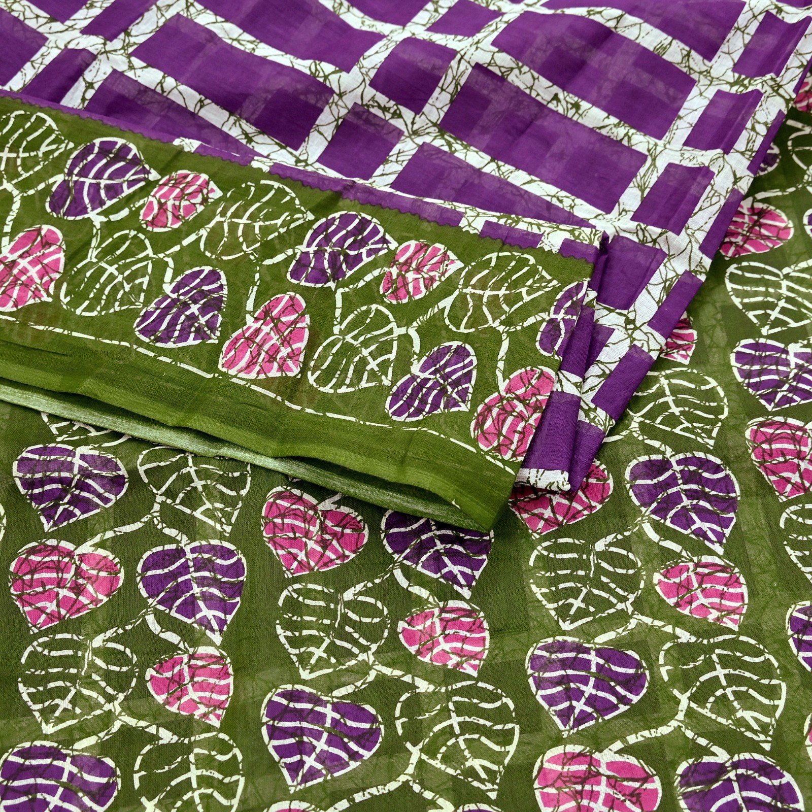 Vintage Sari Purple & Green Batik Printed Saree Pure Cotton 5Yd Craft Fabric