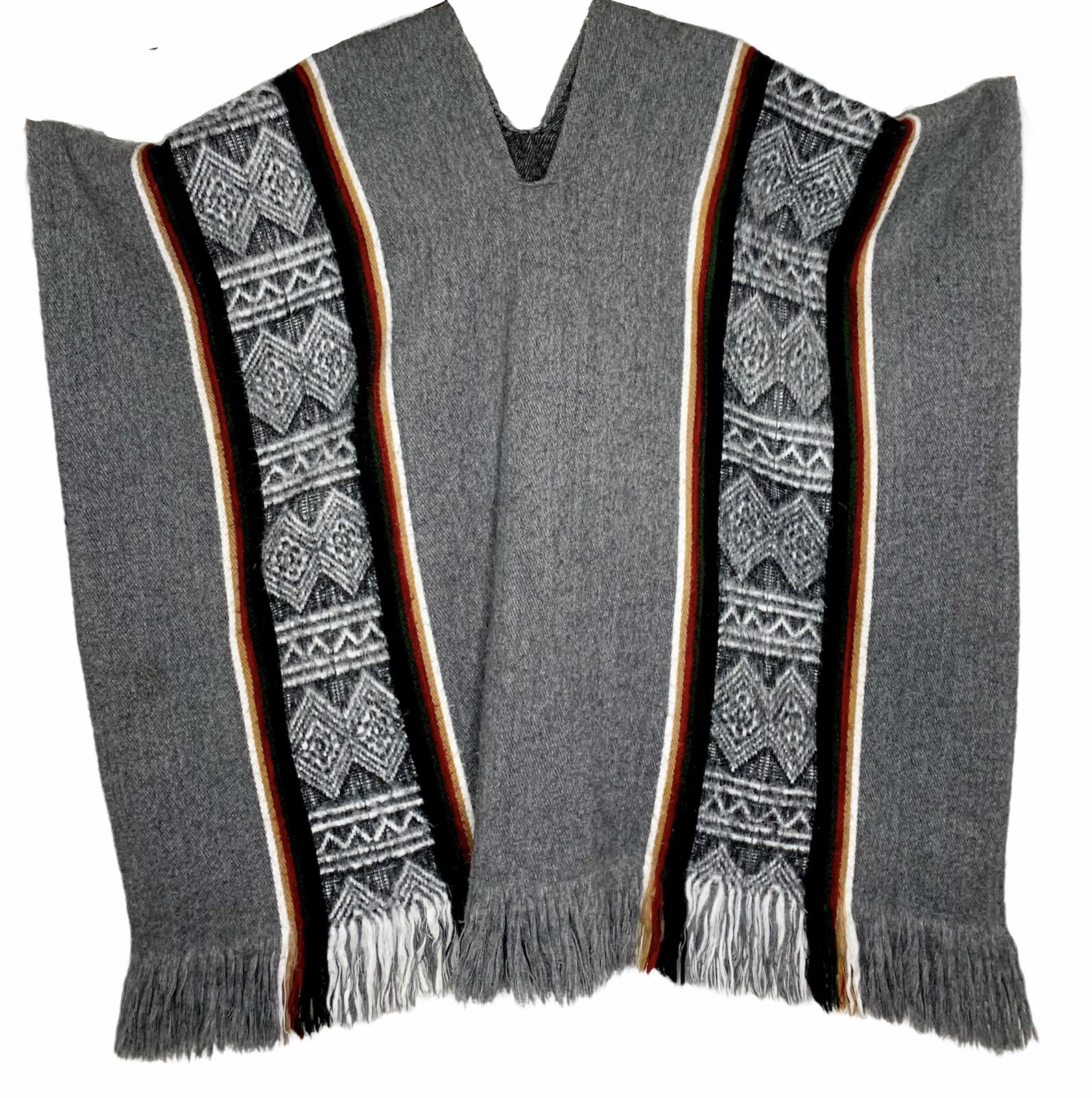 Vintage Indian Arts Poncho Wool Gray Green Red Yellow Stripe Black Ecuador