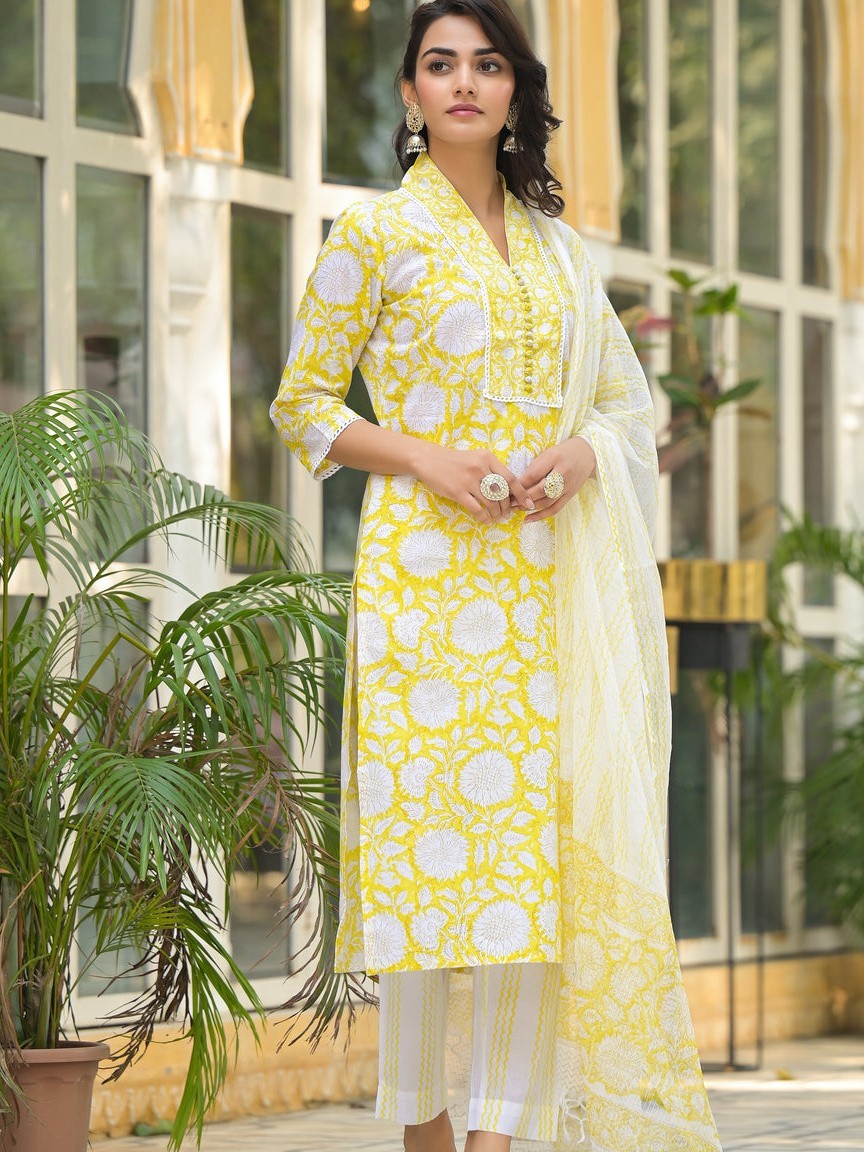 Yellow Hand Block Print Cotton Straight Kurta Pant Set with Dupatta Plus Size