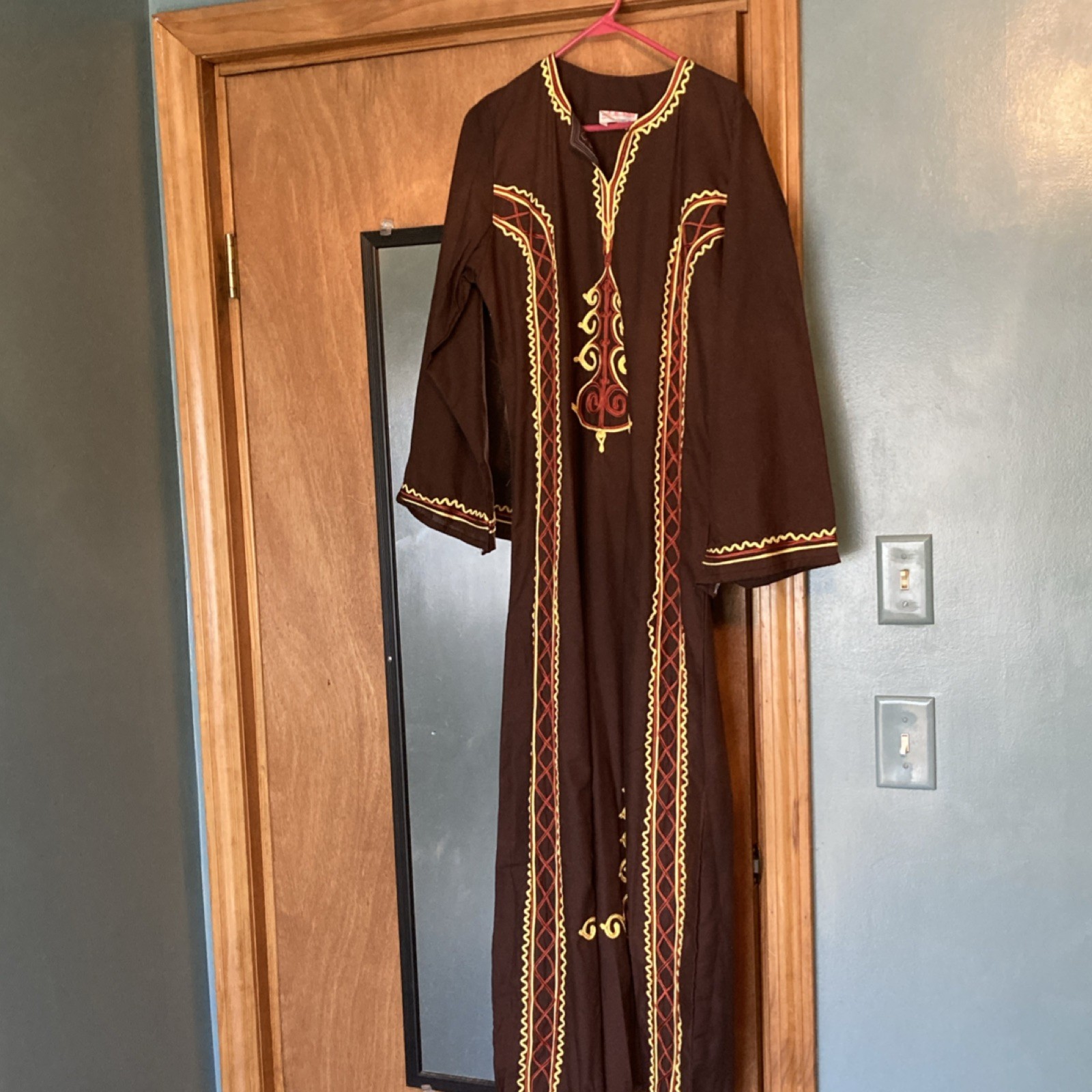 Brown Djellaba with Yellow Red Embroidery Size S Made in Egypt