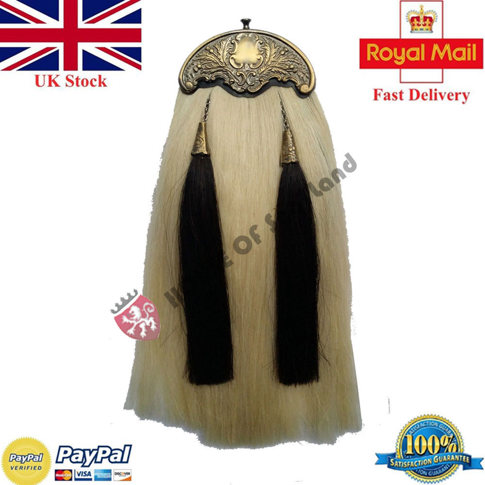 HS Scottish Piper Black Leather Kilt Sporran White Horse Hair Antique Cantle
