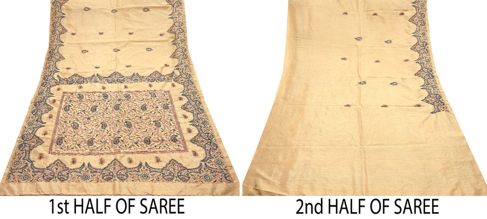 Indian Vintage Sari Beige Artificial Silk Hand Embroidered Sarees Craft Fabric 5