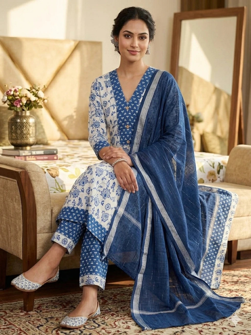 Women Blue Jaipuri Printed Kurta Pants & Dupatta, Ethnic Casual Salwar Kameez