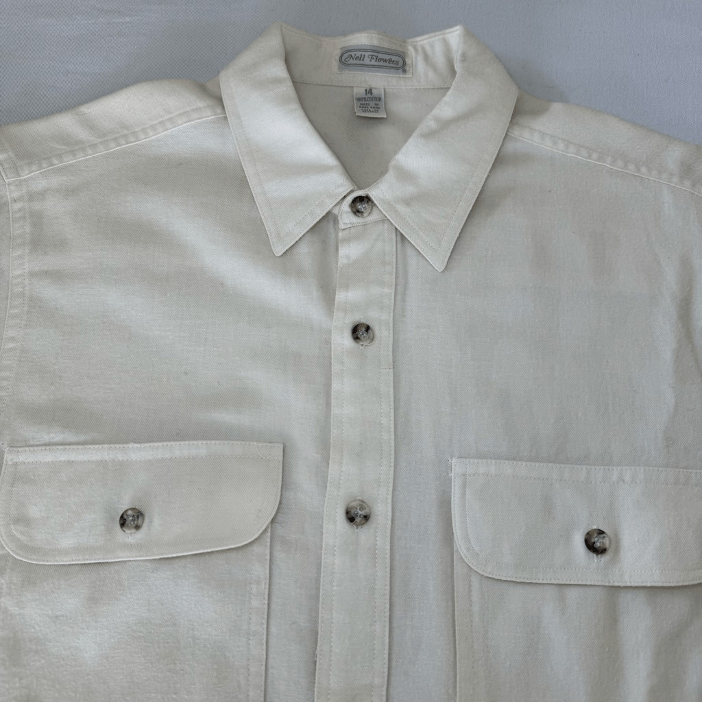 Nell Flowers Ivory Cotton Button Down Blouse | Classic Flannel Feel | Size Large