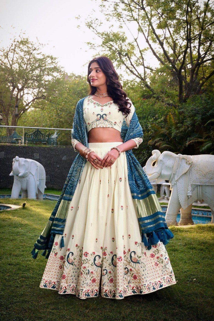 Women’s Readymade Full Stitched Cream Peacock Embroidered Lehenga Choli M