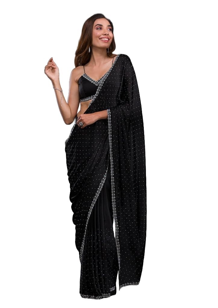 Women’s Hot Fix Solid Color Satin Moss Saree With Unstitched Blouse Material