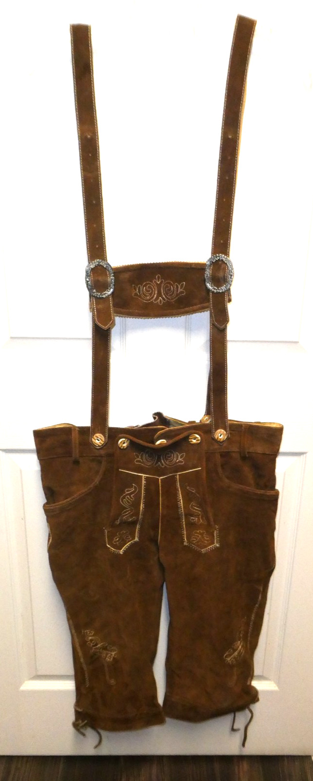 Men’s Brown Suede Leather Lederhosen Traditional German Shorts w/ Suspenders 36