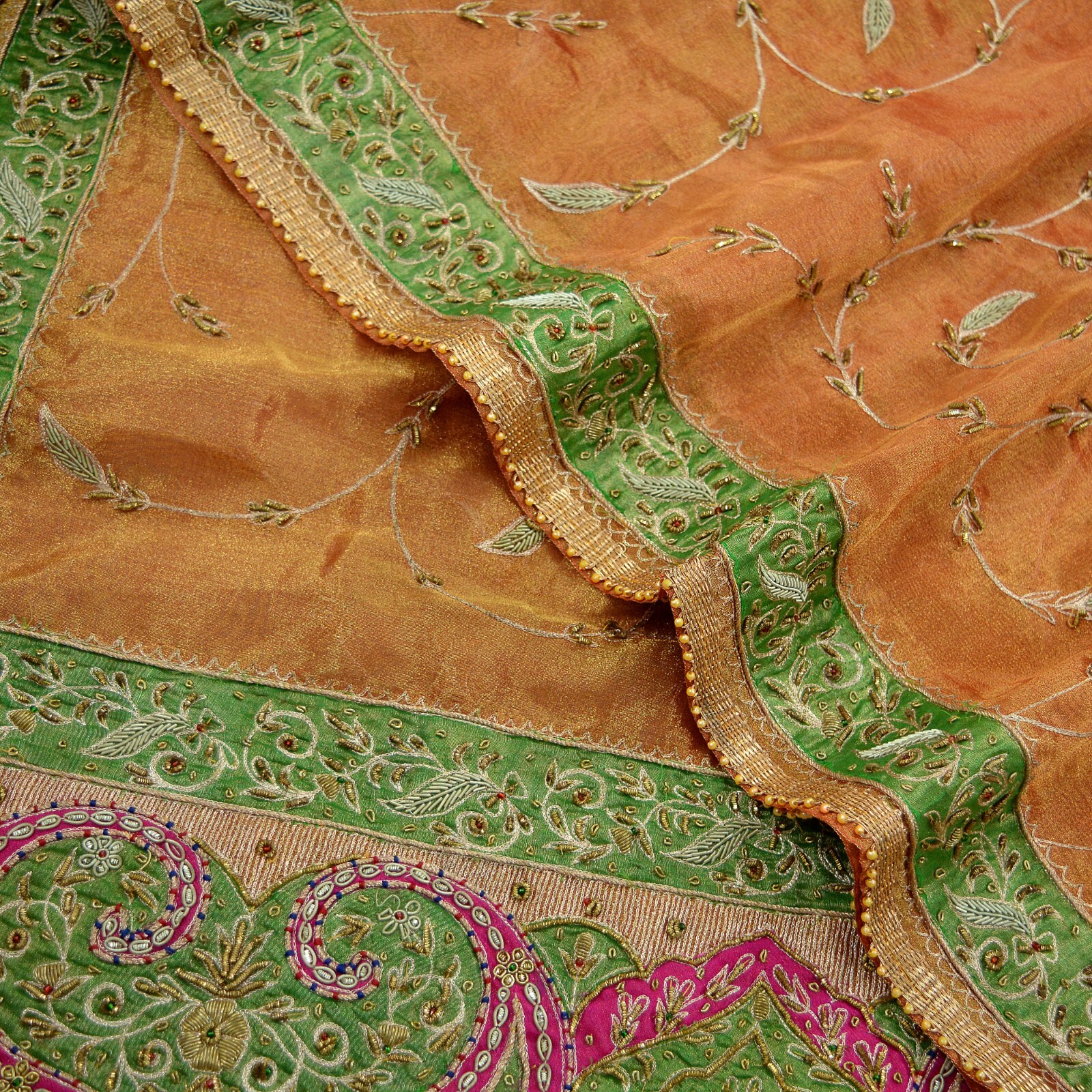 Vintage Heavy Golden Dupatta Pure Tissue Silk Long Stole Hand Embroidered Scarf