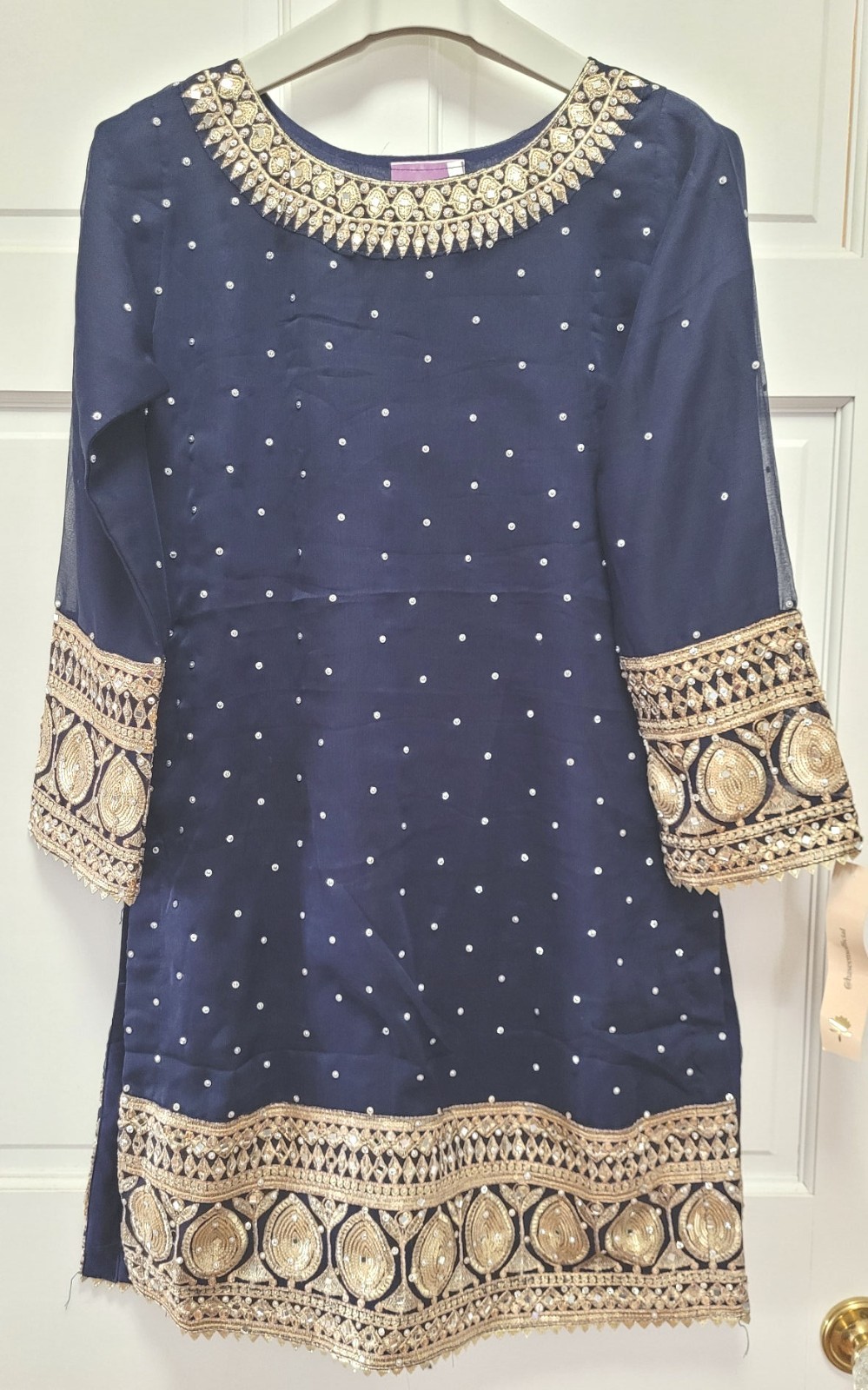 Haseens Women’s 4pc Salwar Kameez Palazzo w/ Dupatta & Purse – Blue/Gold – M