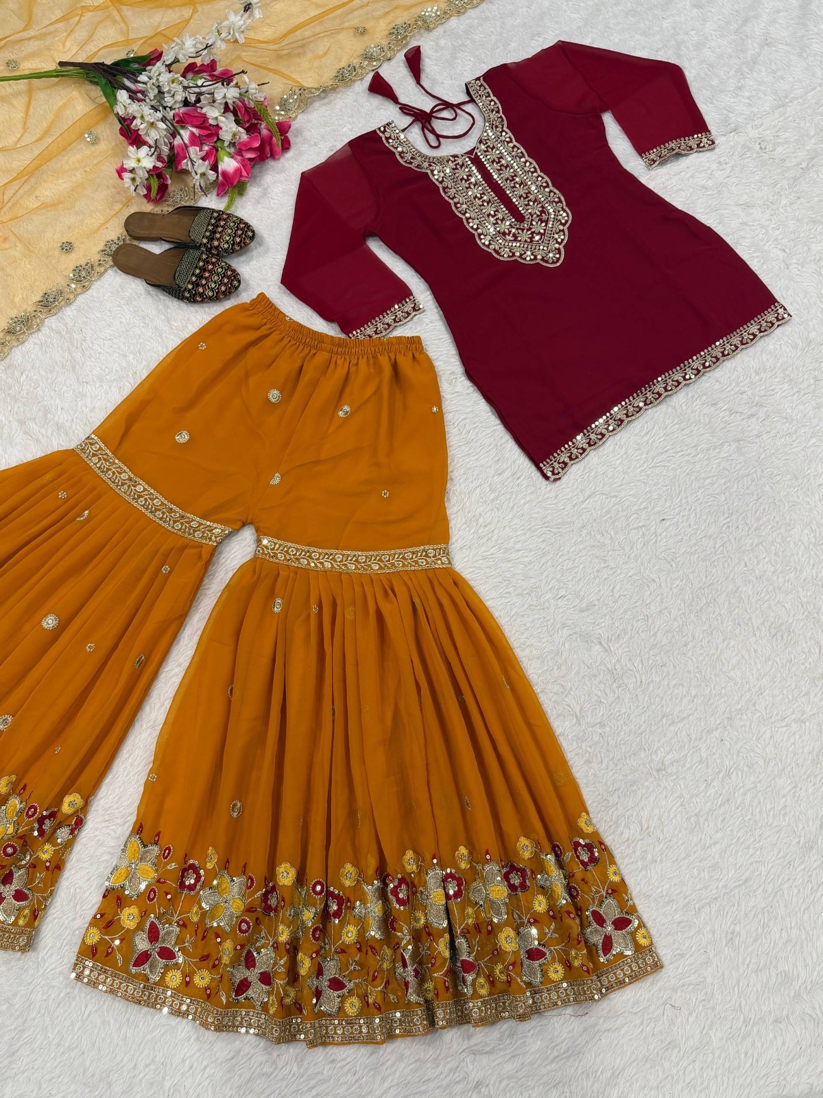 Heavy Faux Georgette Maroon Top Palazzo With Dupatta For Functional Wear