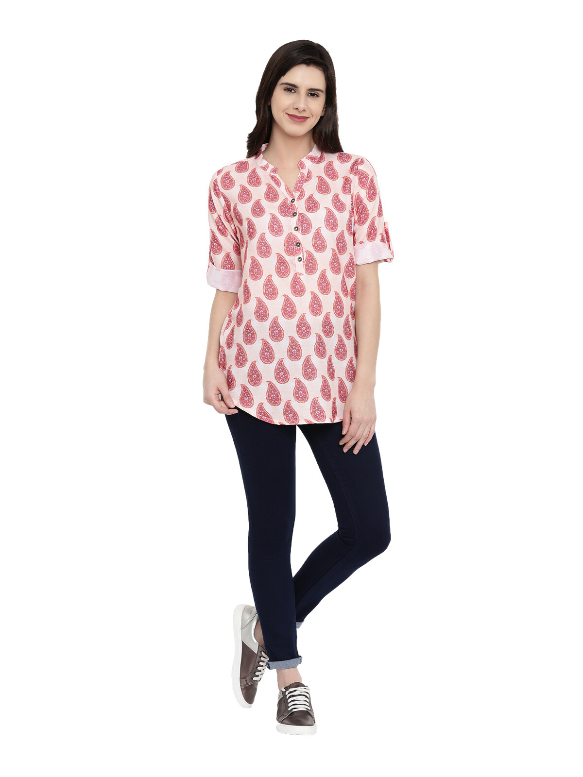 Yaanvi Women’s Regular Fit Top White Printed Tunic V neck 3 quarter sleeves