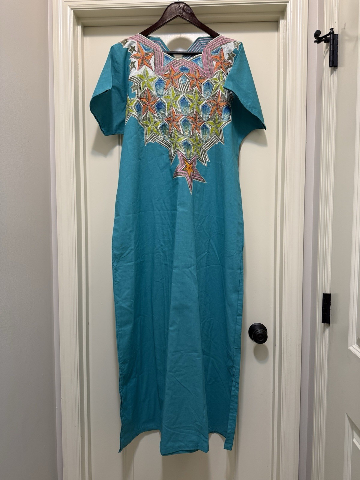 Vintage Teal Embroidered Jalabiya Caftan Maxi Dress