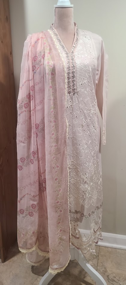Pakistani 3PC Kameez Shalwar Dupatta PINK Party Wear Women Size L Cotton NWOT