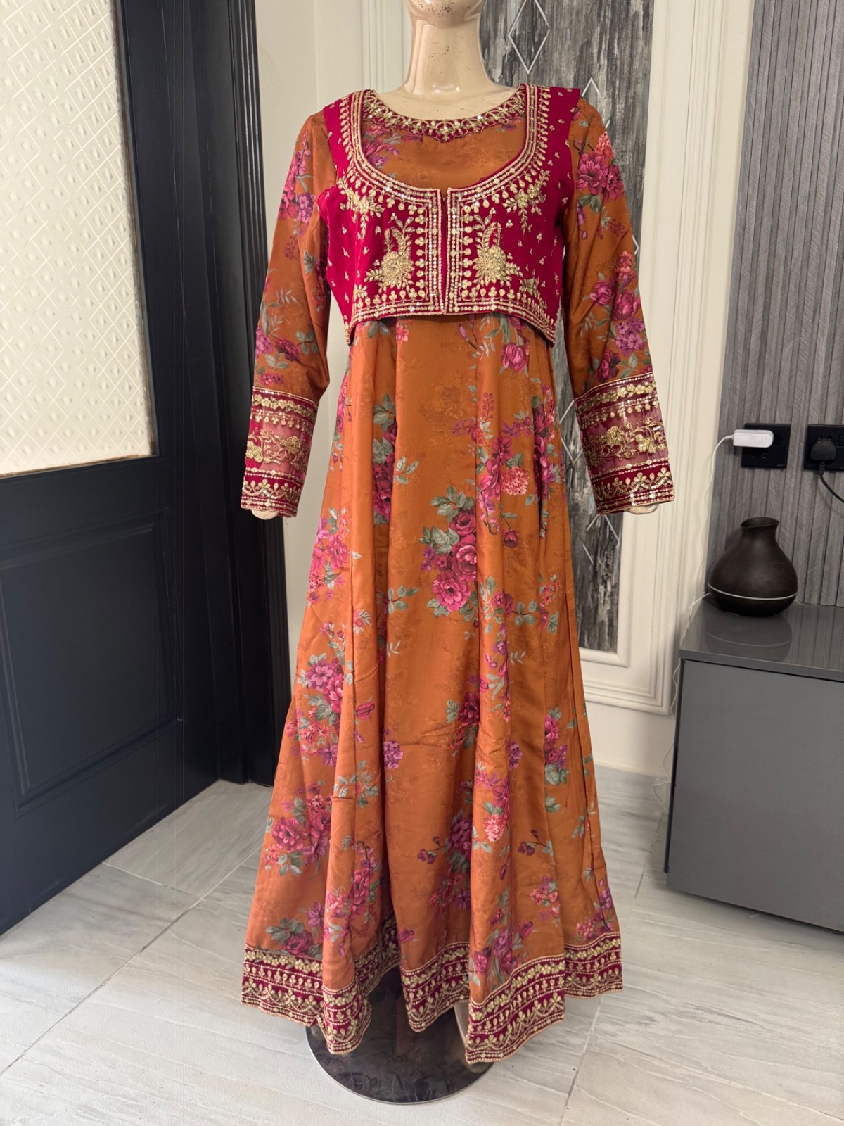 Pakistani Rust Long Maxi Style Embroidered Sequins work Dress,L