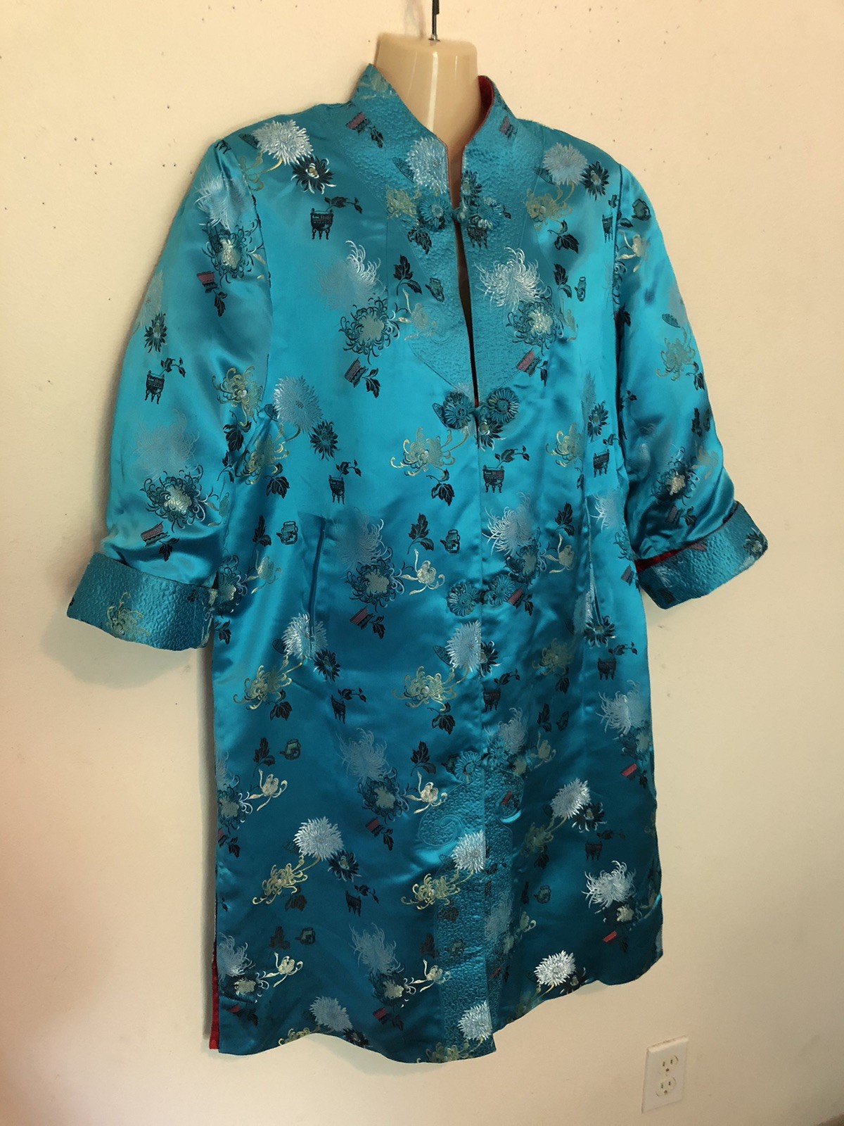 Vtg Peony Brand Chinese Kimono Size 38 Women’s S-M Reversible Blue Or Red FLAWED