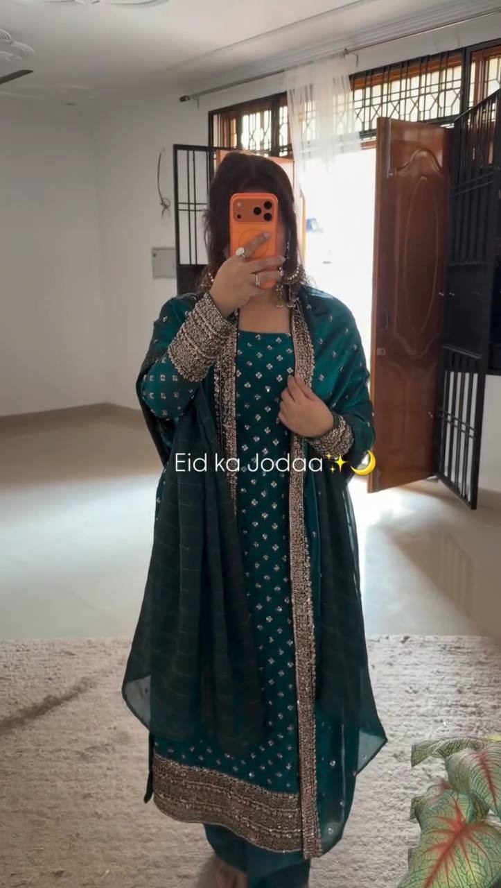 Exclsive Heavy Silk Teal Green Salwar Kameez With Dupatta For Festival