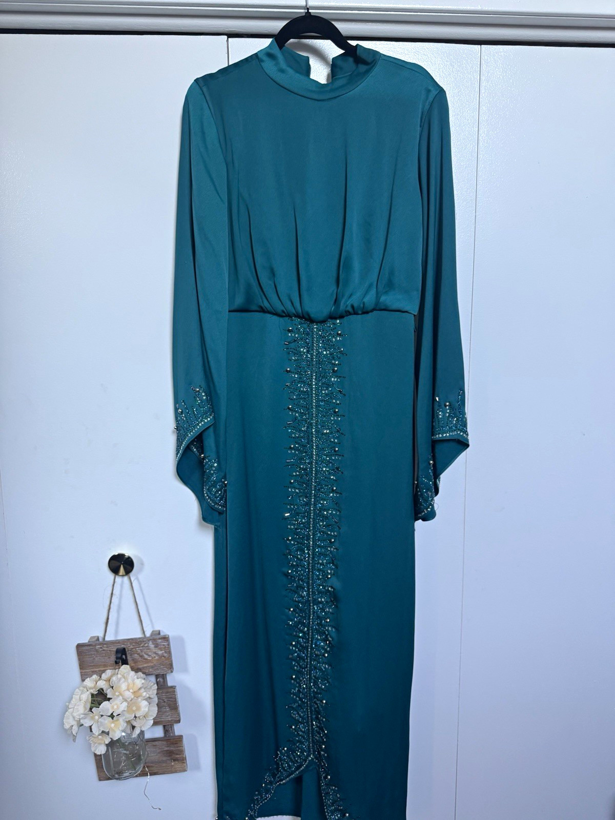 Women’s Teal Long Kaftan Abaya Dress Embroidered Trim Polyester Chiffon