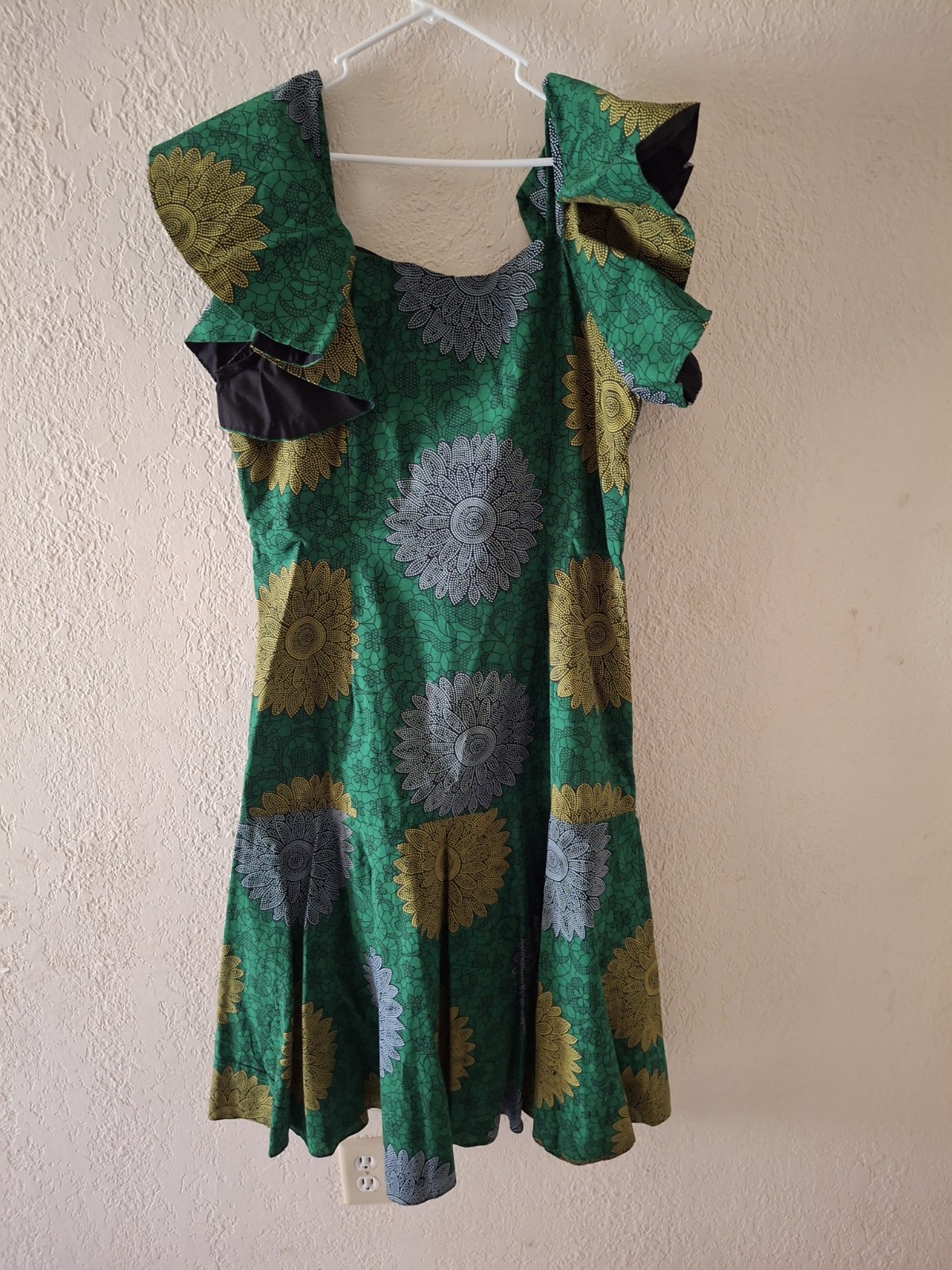 Vibrant Green African Ankara Print Ruffle Sleeve Dress