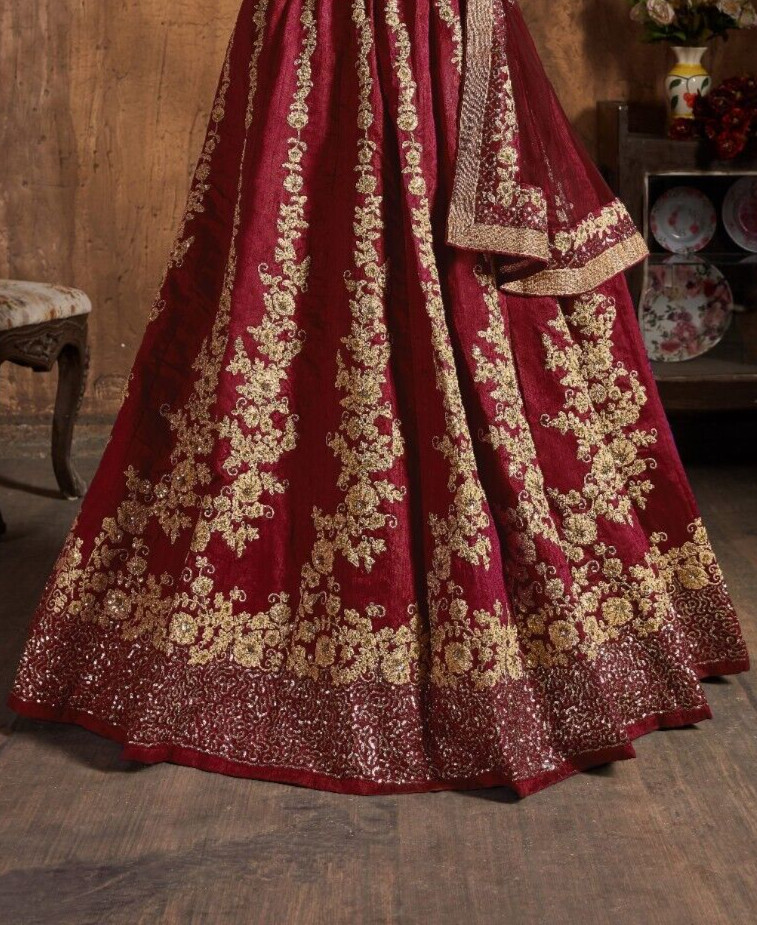 Designer Maroon Raw Silk Lehenga Choli With Soft Net Dupatta For Bridal Wear