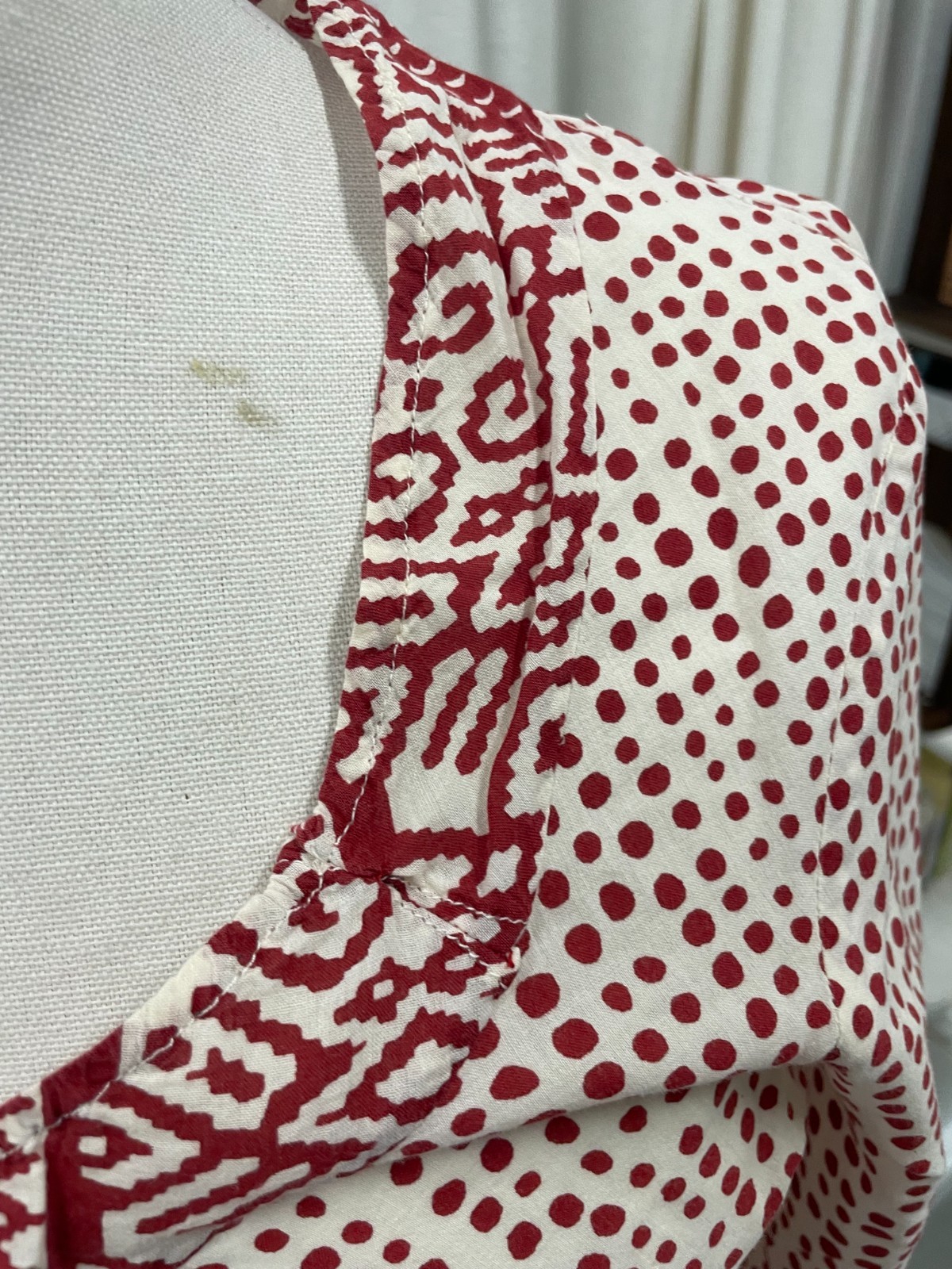 Anokhi Block Print Kurta Blouse Small Dots Top Shirt Cotton READ Scoop Red White