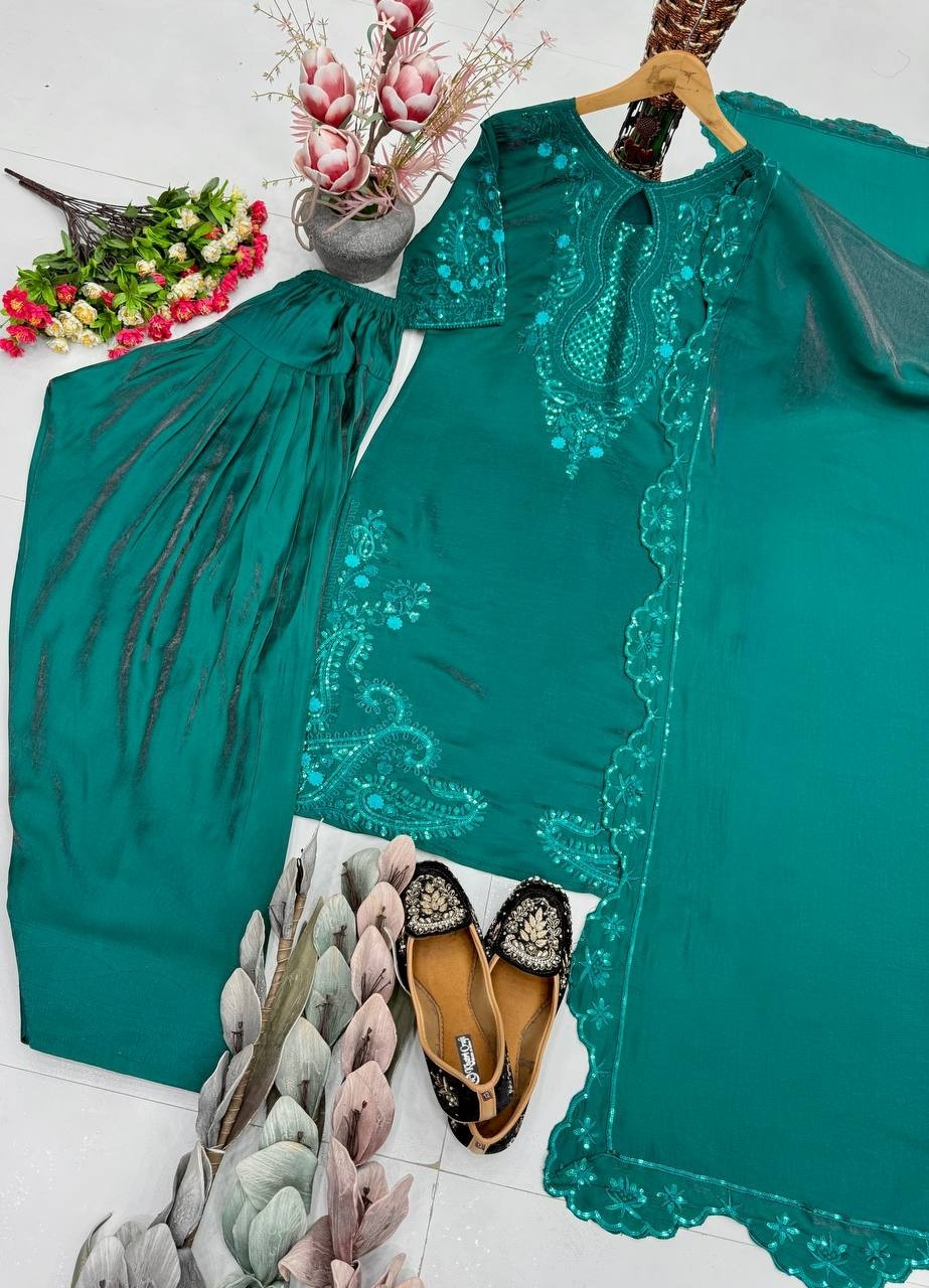Presenting Roman Glass Teal Green Palazzo Suit With Dupatta For Ethnic Wear