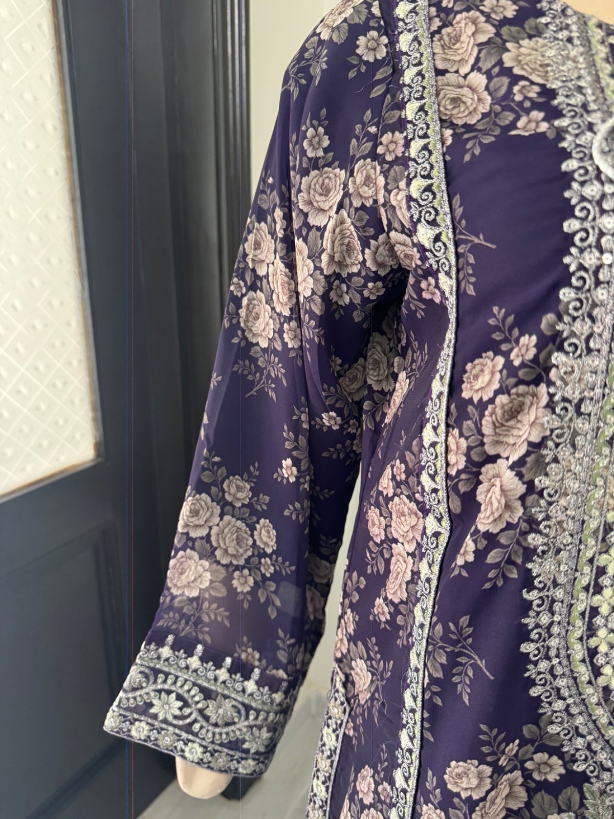Pakistani Dark Purple Georgette Straight Shirt 3-PCS dress ,S