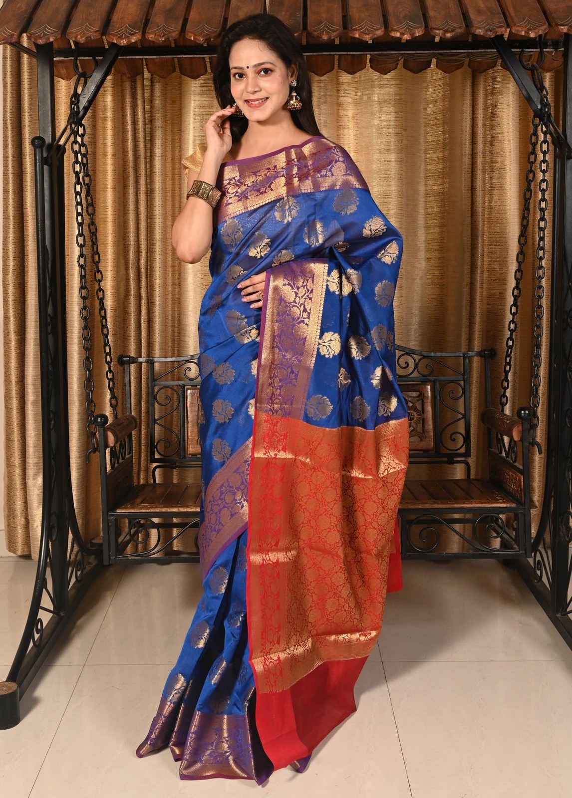 Banarasi Vastra Chanderi Silk Blue Saree with Zari Woven Floral Motifs Border