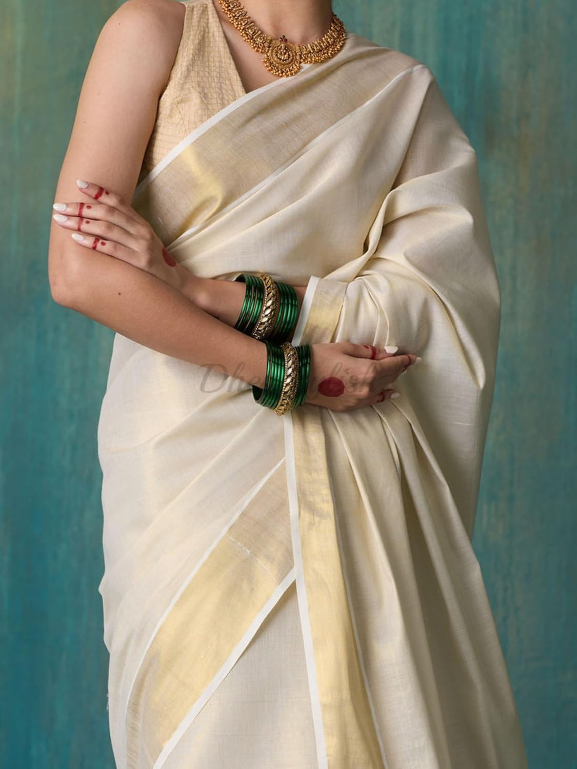 Women’s Kerala Kasavu Golden Tissue Plain Saree with Running Blouse