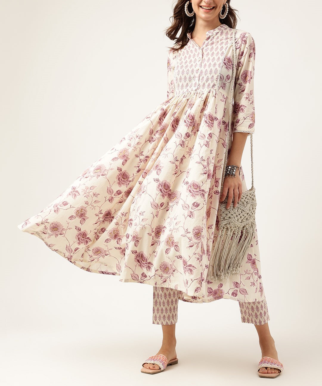 White Purple Floral Cotton Flared Kurta Pant Set for Women Ethnic Plus Size