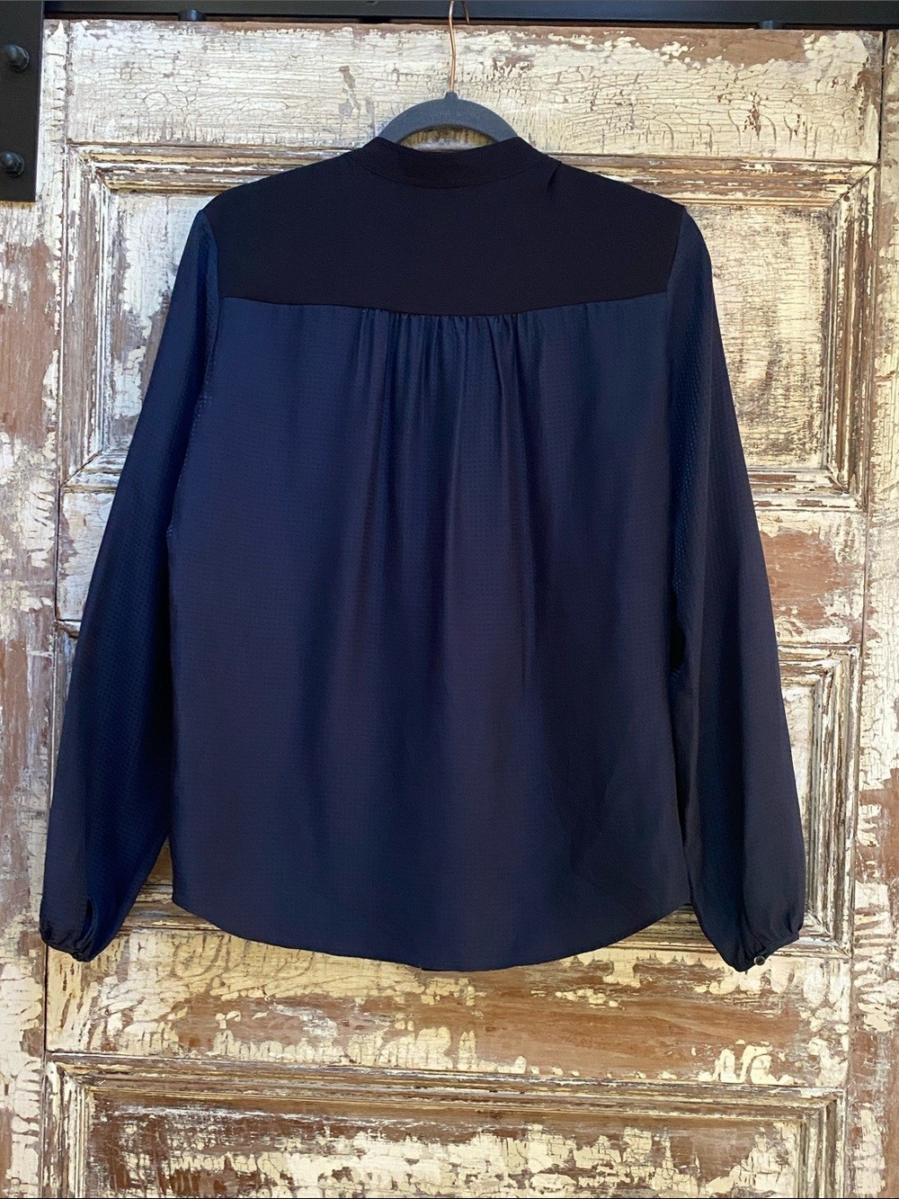 Theory 100% Silk Navy Collarless Button Down Blouse with Black Trim, Size M