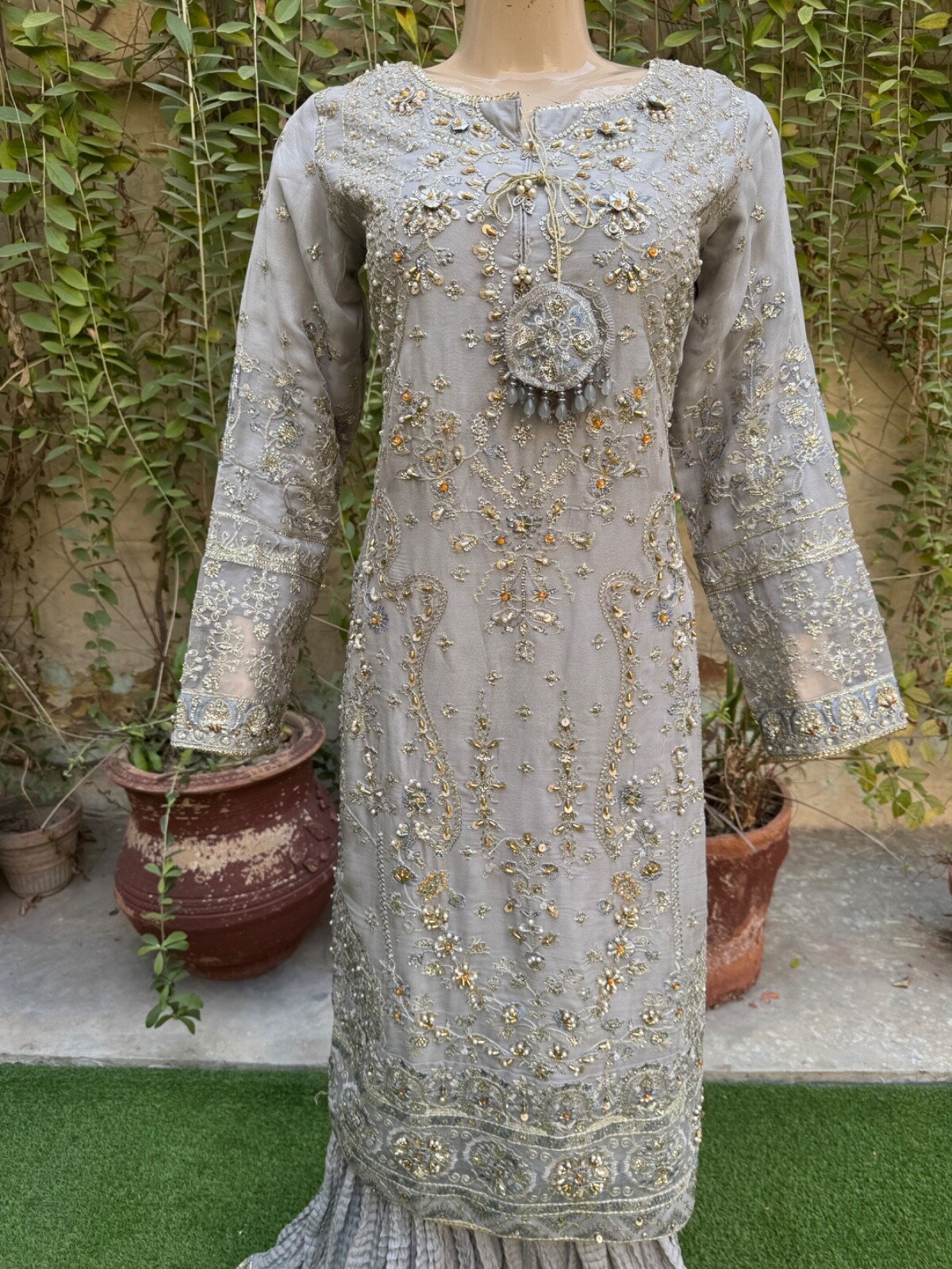 Pakistani Gray Straight Style Embroidered Sequins Chiffon Sharara Dress,L