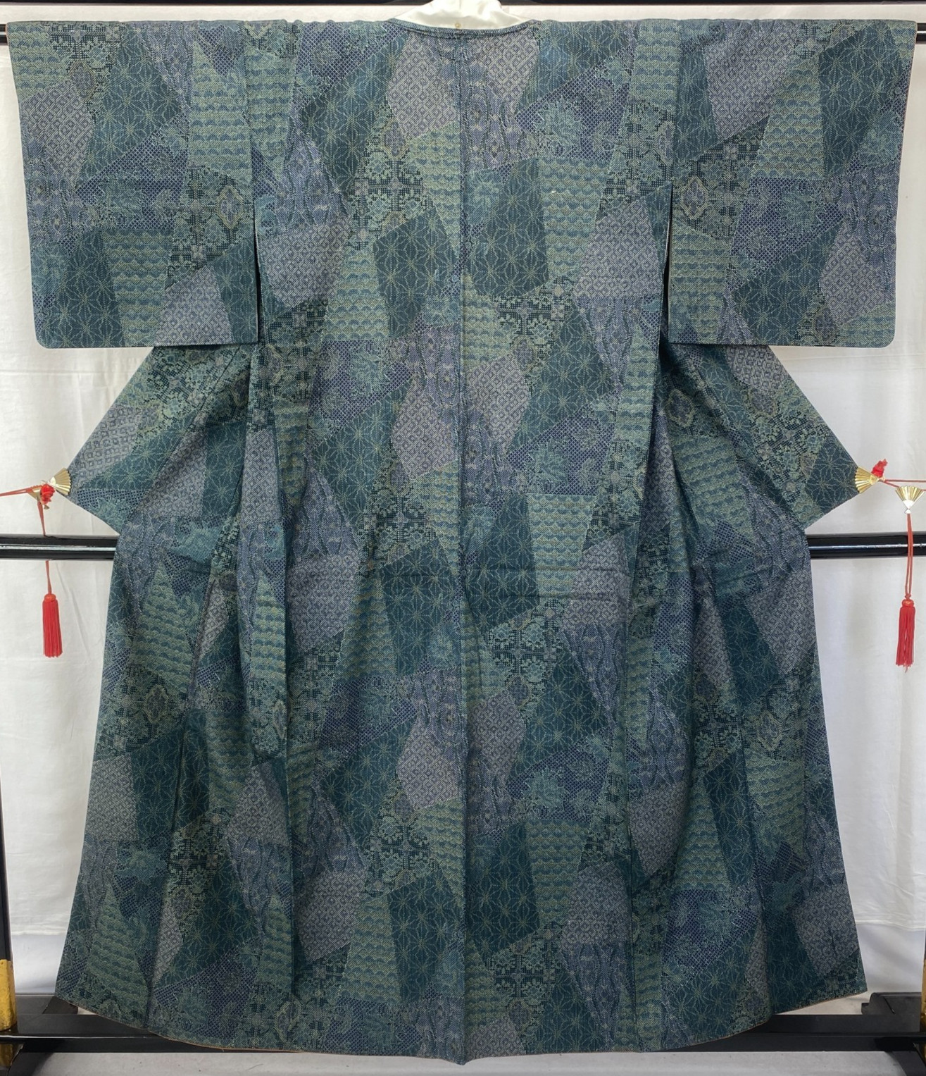 Japanese Vintage Kimono Silk Blue Tumugi Traditional Authentic Length 60 in